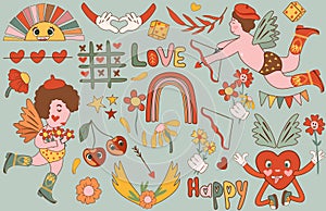 Retro Valentine's Day sticker collection. Features cartoon groovy romantic elements and holiday hippie characters