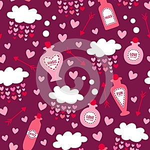 Retro Valentine`s magic potion bottles love hearts clouds burgundy pattern