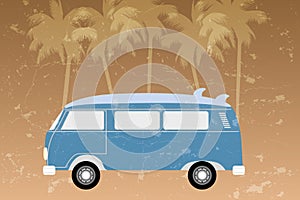 Retro van with translucent stipple design on blue with surfboard and palms