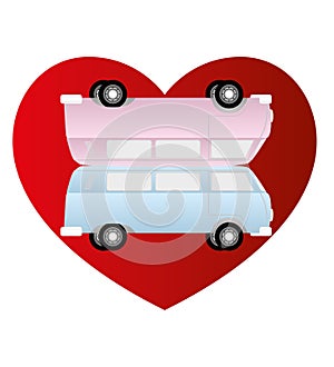 Retro vans - holiday love of two campers in pink an blue on red shaped heart -isolated illustration
