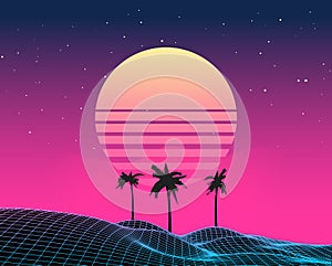 Retro vaporwave backgroud future landscape 80s aesthetic laser synthwave grid