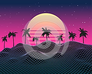 Retro vaporwave backgroud future landscape 80s aesthetic laser synthwave grid