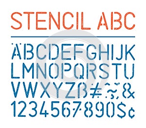 Retro vector grunge stencil alphabet and numbers on white background