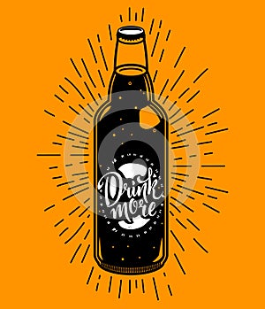 Retro vector illustration with bottle of beverage with lettering and sunburst