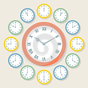 Retro Vector Roman Numeral Clocks Showing All 12 Hours photo