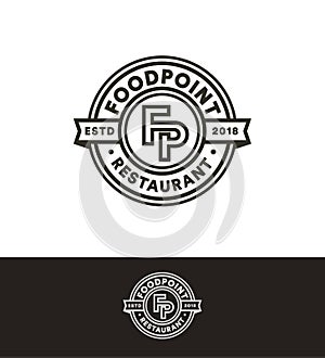 Retro vector stamp, circle logo template, black line art monogram. Fast food restaurant, cafe, bar logotype.
