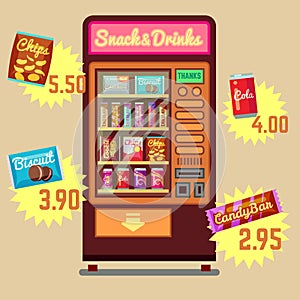 Retro vector vending machine with snacks and drinks flat icons