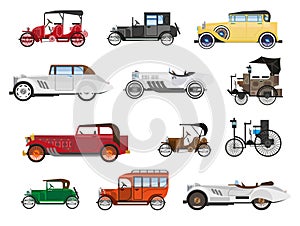 Retro vehicles, vintage cars isolated icons, automobile industry history