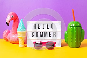 Retro vibe or 80s, nostalgic style still life with colorful summer accessories