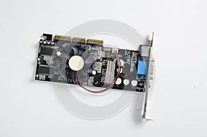 Retro video card on white background. Computer parts.