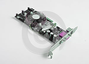 Retro video card on white background. Computer parts.