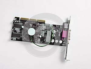 Retro video card on white background. Computer parts.