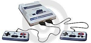 Retro video game console 3d isometric style. Old school gaming. Game pad. Joystick. Vintage hipster technology. Classic. Two joys