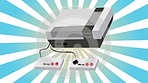 Retro video game console old vintage hipster for geeks from 70s, 80s, 90s on blue rays background. Video in high quality 4k,