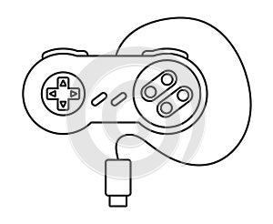 Retro video game controller or classical joystick with usb cable line art icon for apps or website