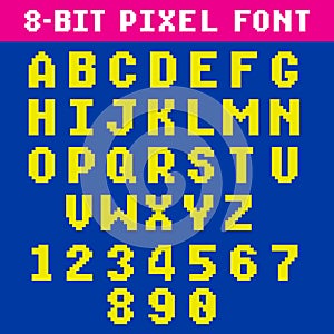 Retro video game pixel letters and numbers font, digital alphabet