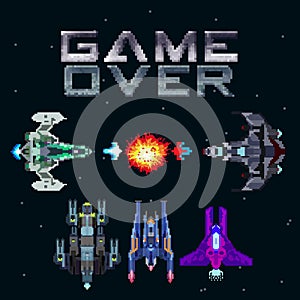 Retro video game, screen, arcade space warships, shooting, background map, vector graphic design illustration. 16 bit, 8 bit . Spa