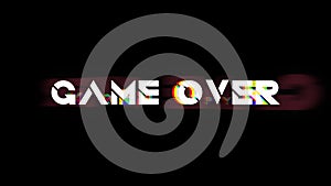 Retro video game screen with glitch. Game over with noisy distortion.