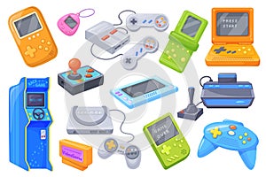 Retro videogame devices. Vintage game gadgets nintendo consoles, gamer controllers y2k gaming electronics technology 80s