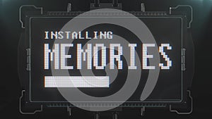 Retro videogame installing memories text on futuristic tv glitch interference screen animation seamless loop ... New