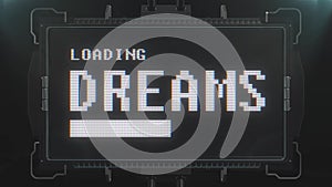 Retro videogame loading dreams text on futuristic tv glitch interference screen animation seamless loop ... New quality