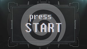 Retro videogame press start text on futuristic tv glitch interference screen animation seamless loop ... New quality