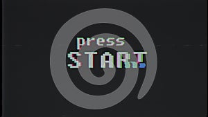 Retro videogame press start text on old tv vhs glitch interference screen ... New quality universal vintage motion