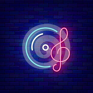 Retro vinil disk and treble clef neon icon. Party concept. Karaoke bar sign. Outer glowing effect. Vector illustration