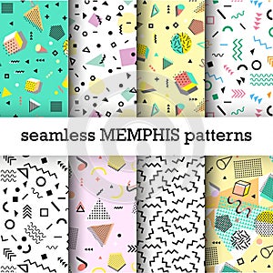 Retro vintage 80s or 90s fashion style. Memphis seamless patterns set.