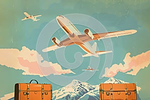 Retro vintage abstract holiday poster showing international overseas air travel by airplane for a globe trotting getaway