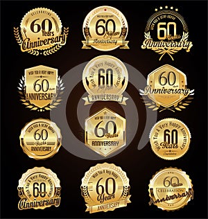 Retro vintage anniversary golden badges and labels collection