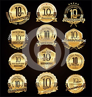 Retro vintage anniversary golden badges and labels collection