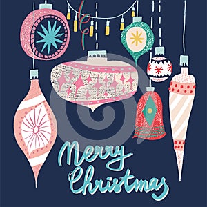 Retro vintage art beautiful artistic Scandinavian graphic lovely holiday new year collage pattern Christmas tree toys vector