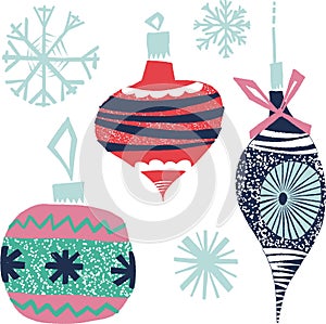 Retro vintage art beautiful artistic Scandinavian graphic lovely holiday new year collage pattern Christmas tree toys vector