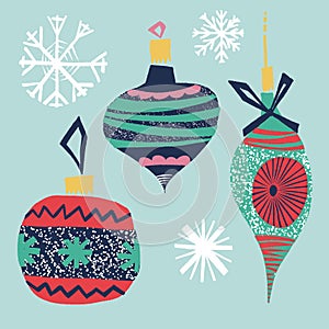 Retro vintage art beautiful artistic Scandinavian graphic lovely winter holiday new year collage pattern Christmas tree toys