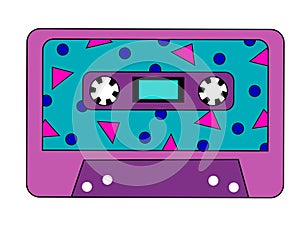 Retro vintage audio music cassette with magnetic tape. Abstract design in 90s, 80s, 70s style. Vector flat illustration.