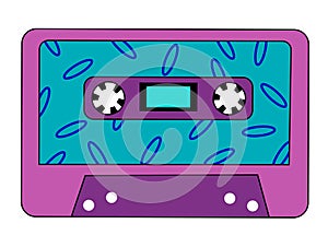 Retro vintage audio music cassette with magnetic tape. Purple and blue colors. Abstract design in 90s, 80s, 70s style