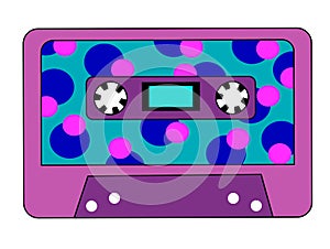 Retro vintage audio music cassette with magnetic tape. Purple and blue, pink colors. Abstract design in 90s, 80s, 70s style