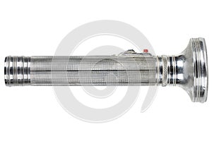 retro vintage battery powered flashlight isolated on white
