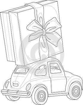 Retro vintage car with present box with bow realistic sketch template. Cartoon graphic vector illustration in black and white