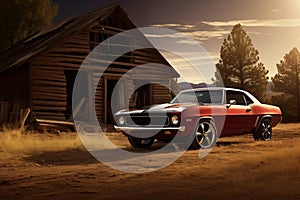 Retro vintage car at wooden old rustic house building. Generative AI