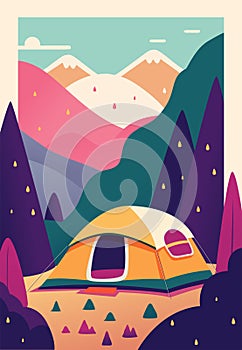 Retro or Vintage Colors Storybook Style Hiking or Camping Illustration