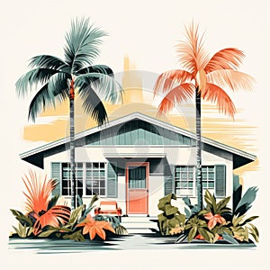 Retro Vintage Cottage Illustration With Palm Trees