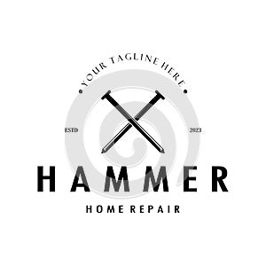 retro vintage crossed hammer and nail logo for home repair services, carpentry, badges, builders, woodworking, construction,