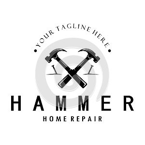 retro vintage crossed hammer and nail logo for home repair services, carpentry, badges, builders, woodworking, construction,