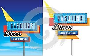 Retro vintage diner, gasoline and hot coffee ameri