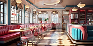 Retro vintage diner restaurant, interior design, stylish old fashioned design concept