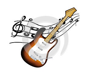 Retro vintage electric guitar with musical notes.