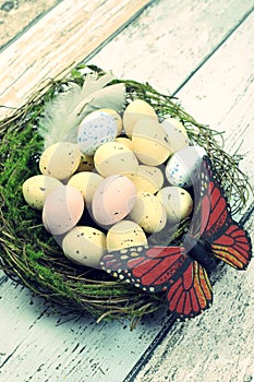 Retro vintage filter Happy Easter Spring speckled eggs with butterfly