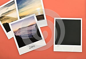 Retro vintage four instant photo frames cards on red background with images of nature